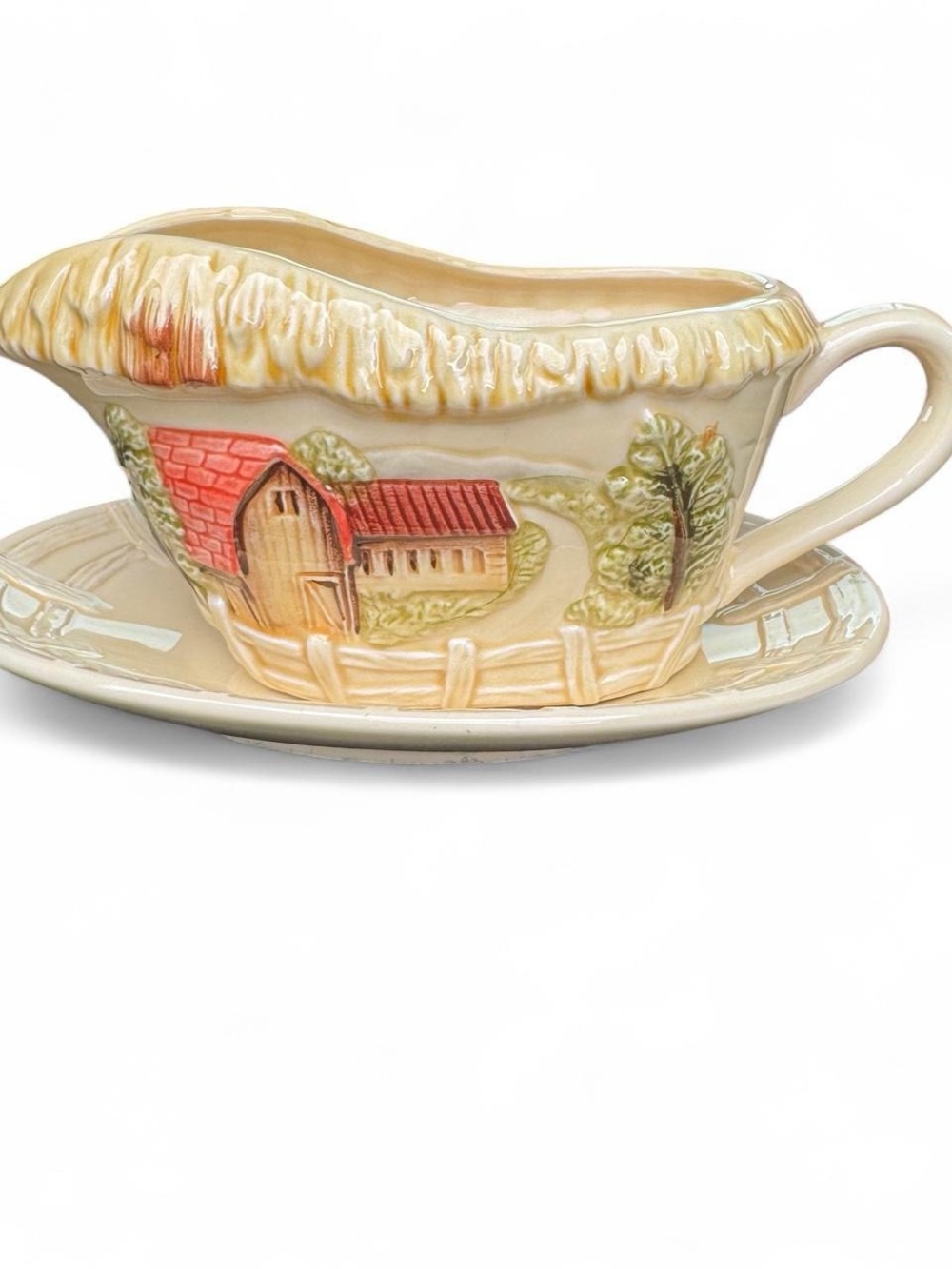 Vintage Ceramic Gravy Boat with Saucer - Barn Scene